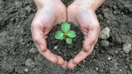 Poster - Two hands are softly holding a small seedling, symbolizing care for nature and growth amid dark, moist soil in broad daylight. Generative AI