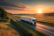 truck driving on rural road during sunset, surrounded by fields and trees, creates serene landscape. warm colors of sky enhance peaceful atmosphere