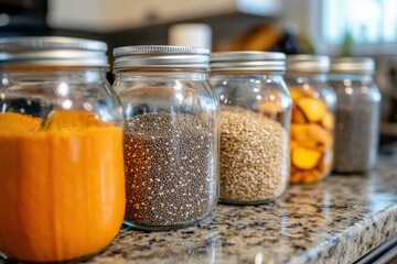 Poster - A row of glass jars on a kitchen countertop contains colorful seeds, including pumpkin, hemp, and chia, organized neatly for easy access. Generative AI
