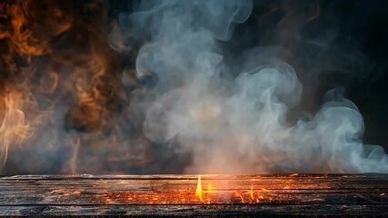 Poster - smoke fumes at the edges of a wooden table with fire particles and sparks on a dark background. copy