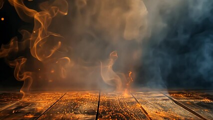 Poster - smoke fumes at the edges of a wooden table with fire particles and sparks on a dark background. copy