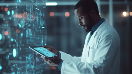 Fototapete - A doctor wearing a white coat is focused on examining medical data displayed on a tablet in a modern healthcare setting. Generative AI