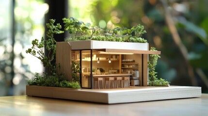 Wall Mural - A tiny architectural model of a cafe with a rooftop garden, presented in natural light to highlight its features.