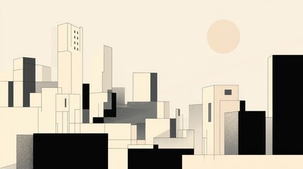 Wall Mural - Abstract representation of a cityscape in a minimalist style, with monochromatic buildings and open spaces.