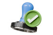 © Theeraphat - 3d Stamp seal with green tick icon symbol. Human resources recruit approved person. Office approves tool document concept. Minimal Cartoon Blue Metal Stamp icon on isolated blue background. 3d render.