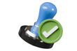 © Theeraphat - 3d Stamp seal with green tick icon symbol. Human resources recruit approved person. Office approves tool document concept. Minimal Cartoon Blue Metal Stamp icon on isolated blue background. 3d render.
