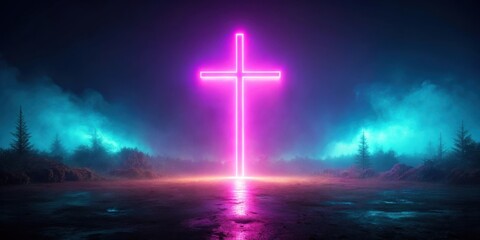Wall Mural - Neon cross glowing in misty landscape on vibrant night, neon, cross, mist, landscape, vibrant, night, glow, light