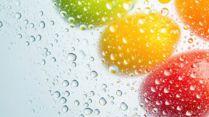 Poster - Bright citrus fruits in vibrant colors rest in cool water, creating a refreshing and lively atmosphere with bubbles surrounding them. Generative AI