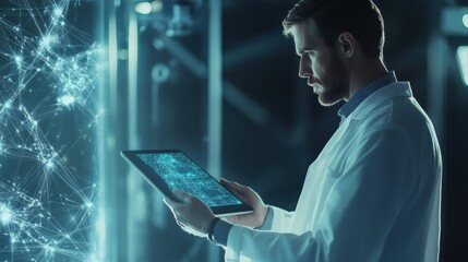 Fototapete - A doctor in a white coat examines data on a tablet, immersed in a high-tech laboratory setting during evening hours. Generative AI