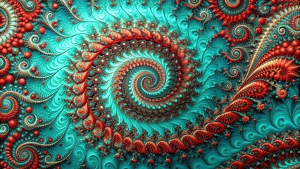 Sticker - Intricate spirals fractal art abstract mosaic background in turquoise and red , fractal, art, abstract, mosaic, background