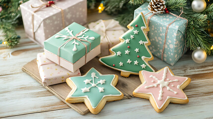 A festive arrangement of colorful gift boxes and Christmas cookies shaped like stars and trees on a wooden table with holiday decorations 