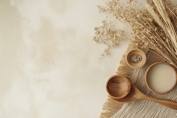 Poster - A warm arrangement featuring dry flowers, wooden bowls, and utensils on a neutral surface, creating a cozy and inviting cooking atmosphere. Generative AI