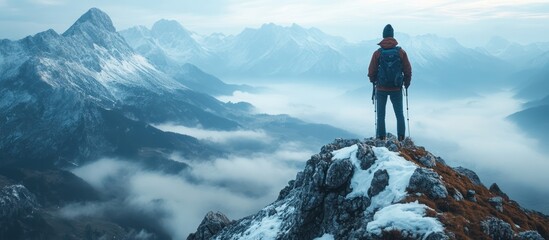 Wall Mural - a lone hiker stands on a snowy mountain peak overlooking a sea of clouds and distant peaks.