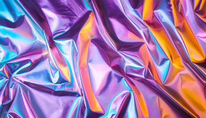 Fototapete - Holographic iridescent surface wrinkled vaporwave wavy abstract background.