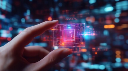 Poster - A hand grips a micro biochip featuring a holographic screen that presents various health metrics in a modern environment. Generative AI