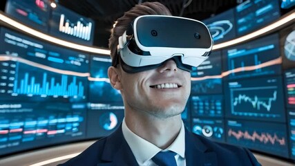 Poster - A professional wearing VR goggles in front of a digital data display.