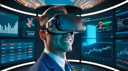 Poster - A businessman wearing a VR headset in a high-tech environment with data visualizations.