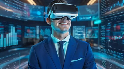 Poster - A businessman wearing a VR headset, surrounded by digital financial data and charts.