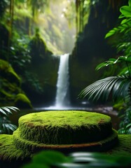 Canvas Print - Lush greenery surrounds a moss-covered stone platform, with a waterfall in the background. Serene nature scene.