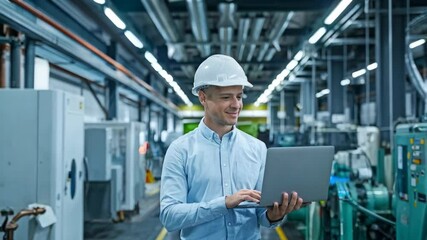 Poster - A man in a hard hat uses a laptop in an industrial setting.
