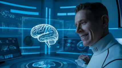 Poster - A futuristic scientist analyzes a holographic brain in a high-tech lab environment.