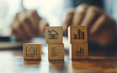 Aufkleber - Human hands arranging wooden blocks with icons symbolizing business accounting and auditing