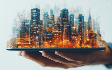 Fototapete - Businessman s hand holding a tablet, office buildings and structures blended within, double exposure effect on a white background, generative AI urban scene