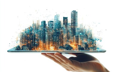 Fototapete - Businessman s hand holding a tablet, office buildings and structures blended within, double exposure effect on a white background, generative AI urban scene