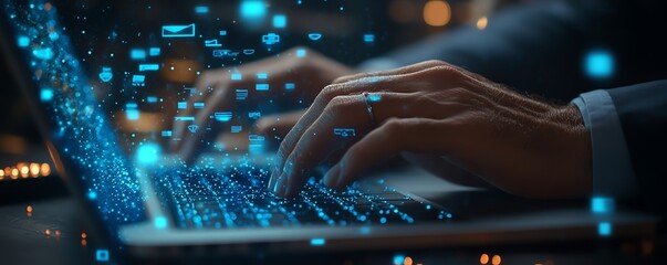 Leinwandbilder - Closeup of business person s hands typing on a laptop, digital icons for data protection and digital documents floating above, generative AIpowered workspace