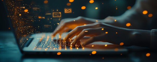 Leinwandbilder - Closeup of business person s hands typing on a laptop, digital icons for data protection and digital documents floating above, generative AIpowered workspace