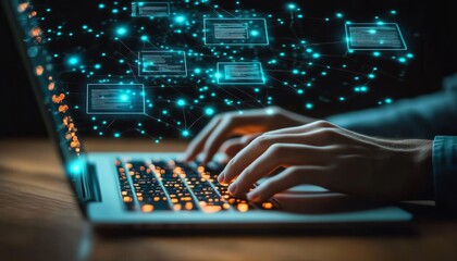 Poster - Closeup of business person typing on a laptop, digital icons for online document management and security hovering above, generative AI technology