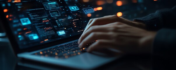 Poster - Closeup of hands typing on a laptop, digital icons floating above, representing online document management and data protection, generative AI technology