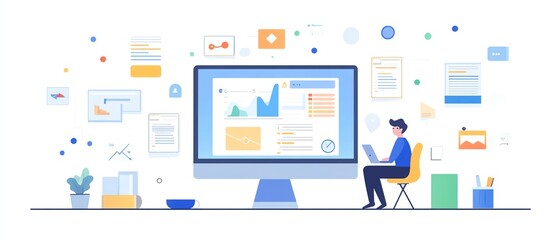 Leinwandbilder - Digital document management interface on a laptop, user interacting with icons for text, images, and data points, clean and modern generative AI layout