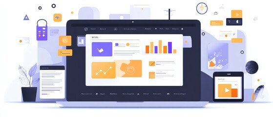 Aufkleber - Digital document management interface on a laptop, user interacting with icons for text, images, and data points, clean and modern generative AI layout