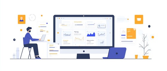 Aufkleber - Digital document management interface on a laptop, user interacting with icons for text, images, and data points, clean and modern generative AI layout
