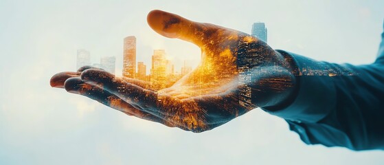 Fototapete - Double exposure of businessman s hand holding a tablet, office buildings seamlessly integrated within, white background, futuristic AI business concept