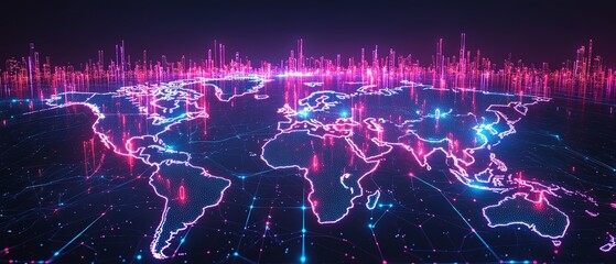 Poster - Futuristic global business network, interconnected people and generative AI icons on world map, neon blue and purple palette, digital age theme, dynamic 3D visual