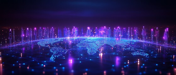 Leinwandbilder - Futuristic global business network, interconnected people and generative AI icons on world map, neon blue and purple palette, digital age theme, dynamic 3D visual