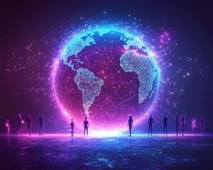Leinwandbilder - Futuristic global network of business, digital connection lines linking people and AI icons, neon accents, immersive perspective, vibrant blue and purple hues