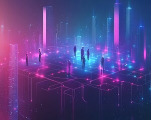 Leinwandbilder - Futuristic global network of business, digital connection lines linking people and AI icons, neon accents, immersive perspective, vibrant blue and purple hues