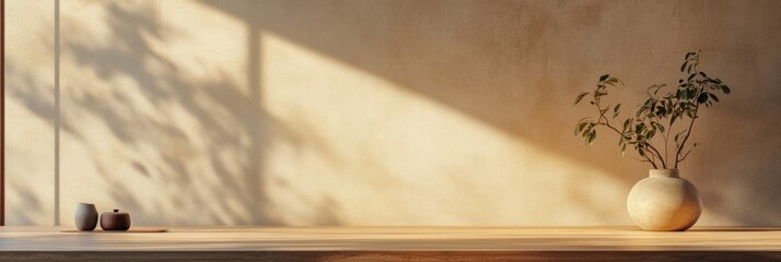 Poster - Soft afternoon light illuminates a minimalist interior featuring a vase with a plant, creating a tranquil and inviting atmosphere. Generative AI