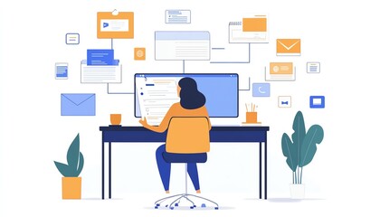 Poster - Laptop user accessing an online document management system, digital documents and icons floating on the screen, modern generative AIdriven workspace