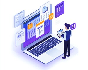 Leinwandbilder - Person accessing online document management system on laptop, digital documents and icons floating on the screen, sleek generative AI interface