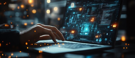 Fototapete - Person interacting with a laptop, accessing an online document management system, digital documents and floating icons on screen, generative AI concept