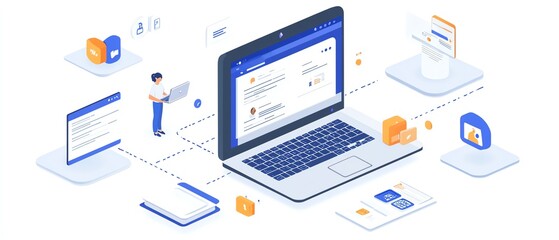 Fototapete - Person interacting with a laptop, accessing an online document management system, digital documents and floating icons on screen, generative AI concept