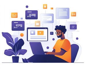 Fototapete - Person using laptop to manage online documents, digital files and floating icons on the screen, futuristic generative AI user interface