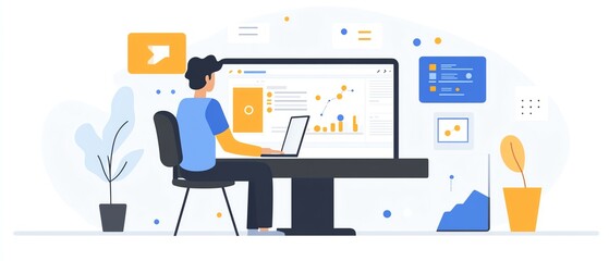 Leinwandbilder - Person working on laptop to create and manage documents, icons for text, images, and data points displayed, generative AIpowered digital workspace