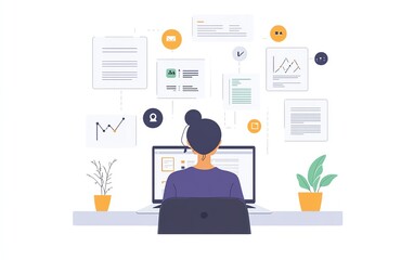 Poster - User managing digital documents on laptop interface, icons representing text, images, and data points, sleek design, generative AI technology focus