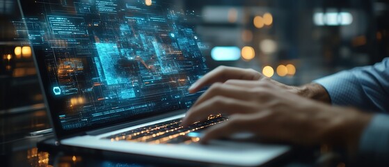 Leinwandbilder - Business person typing on a laptop with floating icons for document management and data protection, modern technology, generative AI innovation
