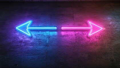 Aufkleber - neon arrows in blue and purple, pointing right and left, glowing on a dark background, dynamic gener
